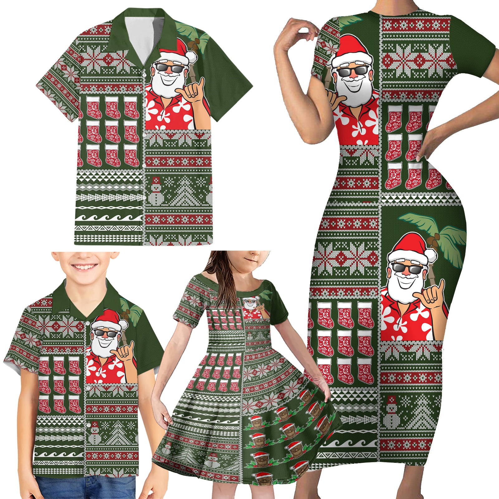 Hawaii Mele Kalikimaka Family Matching Short Sleeve Bodycon Dress and Hawaiian Shirt Aloha and Christmas Elements Patchwork Green Style LT03 - Polynesian Pride