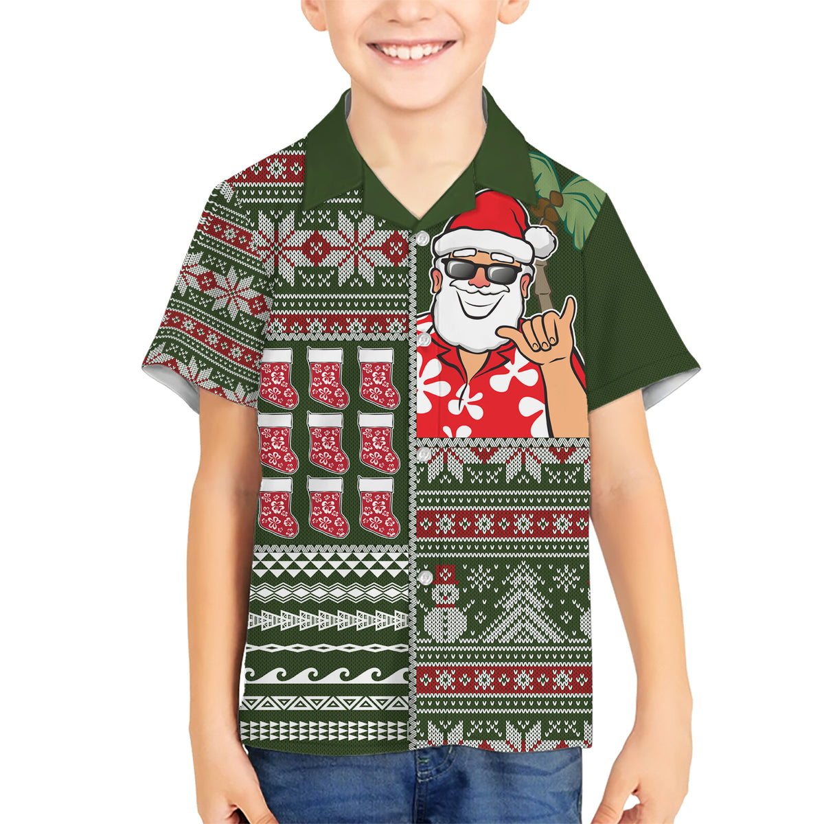 Hawaii Mele Kalikimaka Family Matching Short Sleeve Bodycon Dress and Hawaiian Shirt Aloha and Christmas Elements Patchwork Green Style LT03 Son's Shirt Green - Polynesian Pride