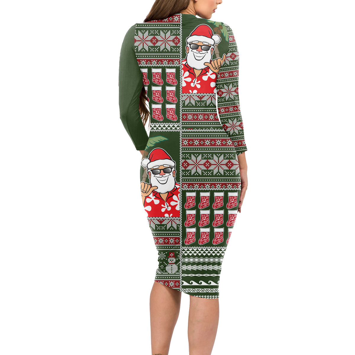 Hawaii Mele Kalikimaka Long Sleeve Bodycon Dress Aloha and Christmas Elements Patchwork Green Style LT03 - Polynesian Pride