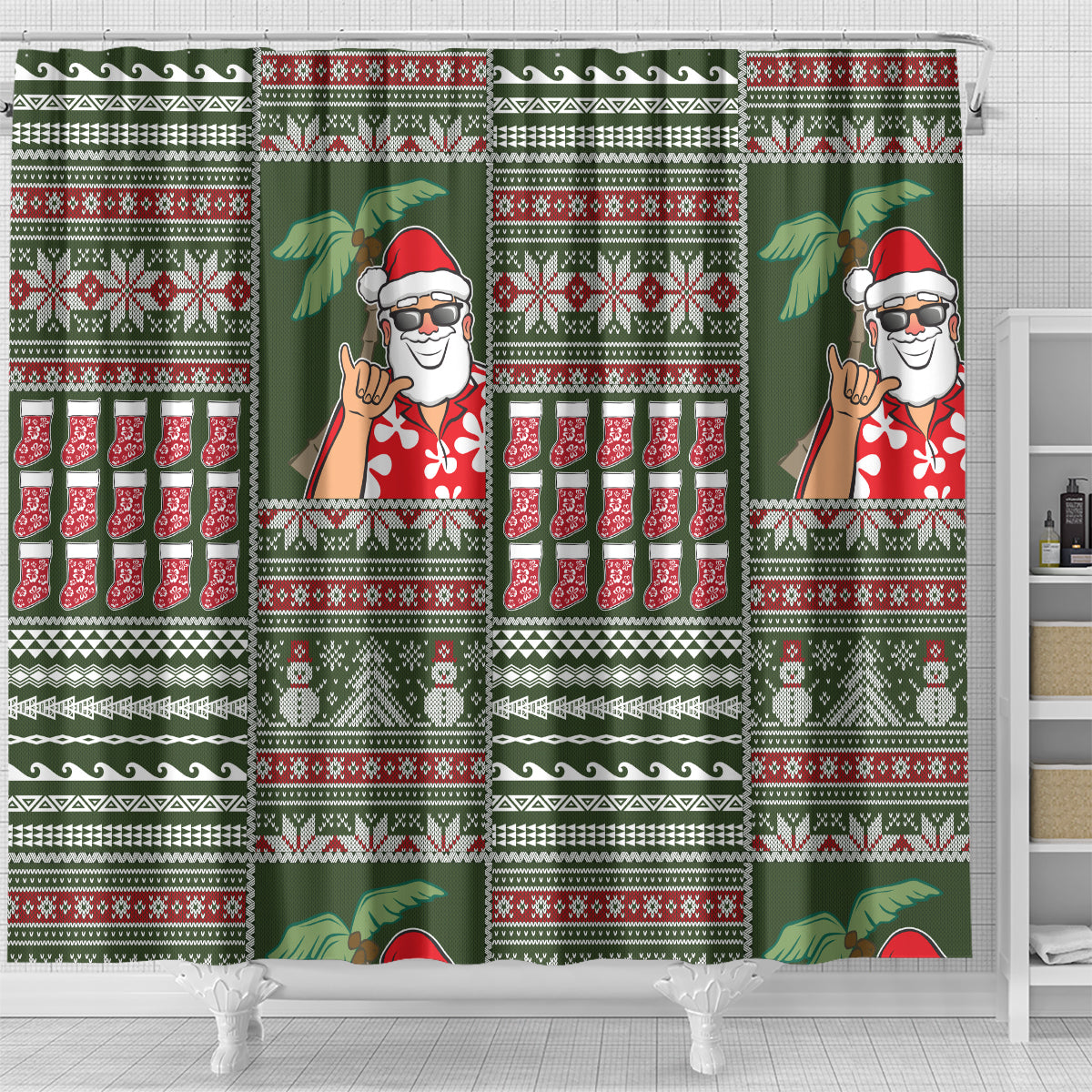 Hawaii Mele Kalikimaka Shower Curtain Aloha and Christmas Elements Patchwork Green Style LT03 - Polynesian Pride