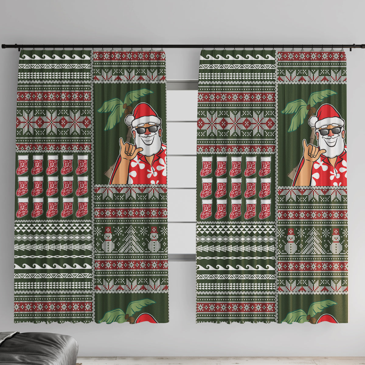 Hawaii Mele Kalikimaka Window Curtain Aloha and Christmas Elements Patchwork Green Style LT03 With Hooks Green - Polynesian Pride