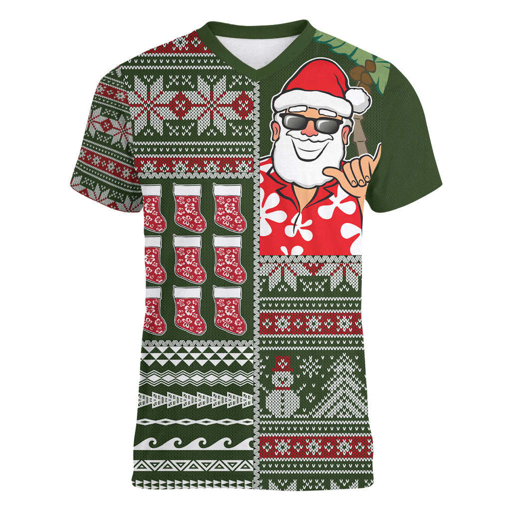 Hawaii Mele Kalikimaka Women V Neck T Shirt Aloha and Christmas Elements Patchwork Green Style LT03 Female Green - Polynesian Pride