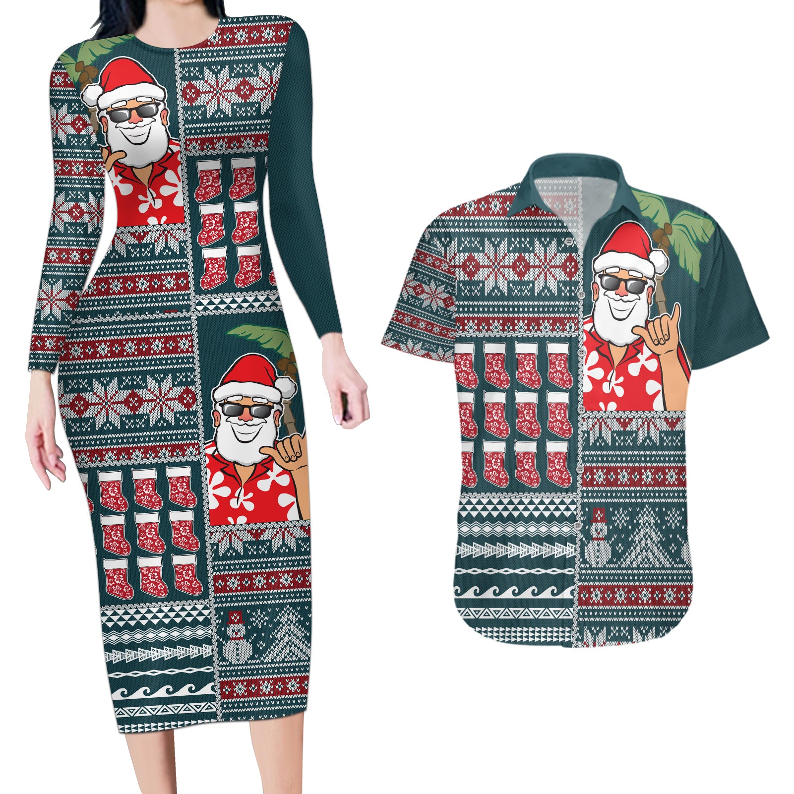 Hawaii Mele Kalikimaka Couples Matching Long Sleeve Bodycon Dress and Hawaiian Shirt Aloha and Christmas Elements Patchwork Turquoise Style LT03 Turquoise - Polynesian Pride