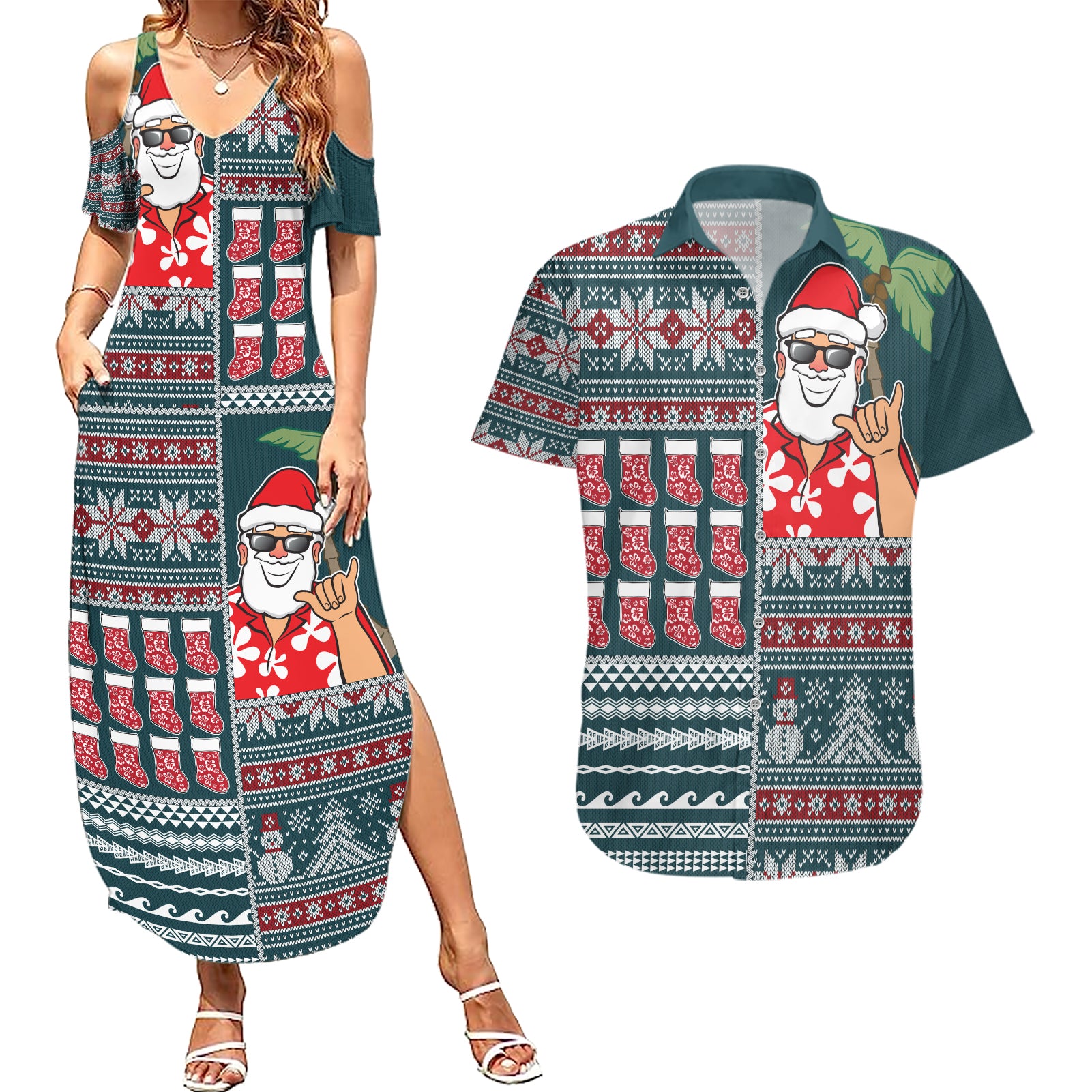 Hawaii Mele Kalikimaka Couples Matching Summer Maxi Dress and Hawaiian Shirt Aloha and Christmas Elements Patchwork Turquoise Style LT03 Turquoise - Polynesian Pride
