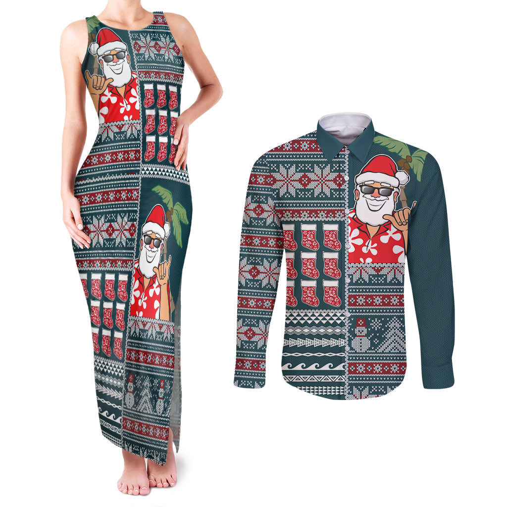 Hawaii Mele Kalikimaka Couples Matching Tank Maxi Dress and Long Sleeve Button Shirt Aloha and Christmas Elements Patchwork Turquoise Style LT03 Turquoise - Polynesian Pride