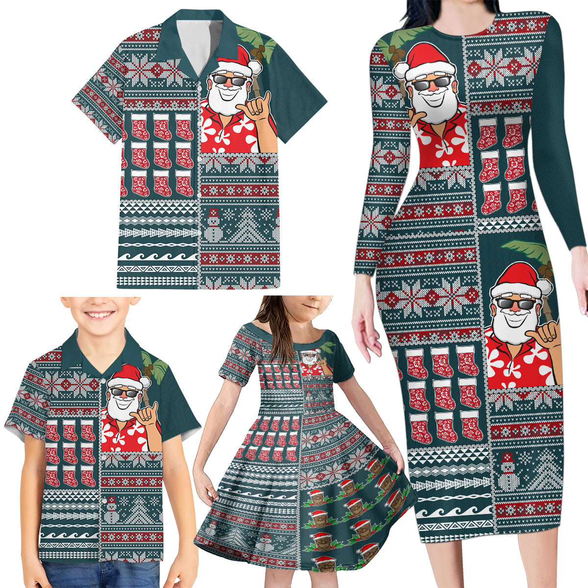 Hawaii Mele Kalikimaka Family Matching Long Sleeve Bodycon Dress and Hawaiian Shirt Aloha and Christmas Elements Patchwork Turquoise Style LT03 - Polynesian Pride