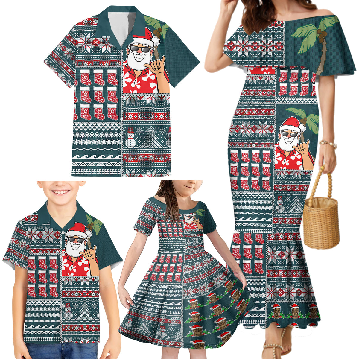 Hawaii Mele Kalikimaka Family Matching Mermaid Dress and Hawaiian Shirt Aloha and Christmas Elements Patchwork Turquoise Style LT03 - Polynesian Pride