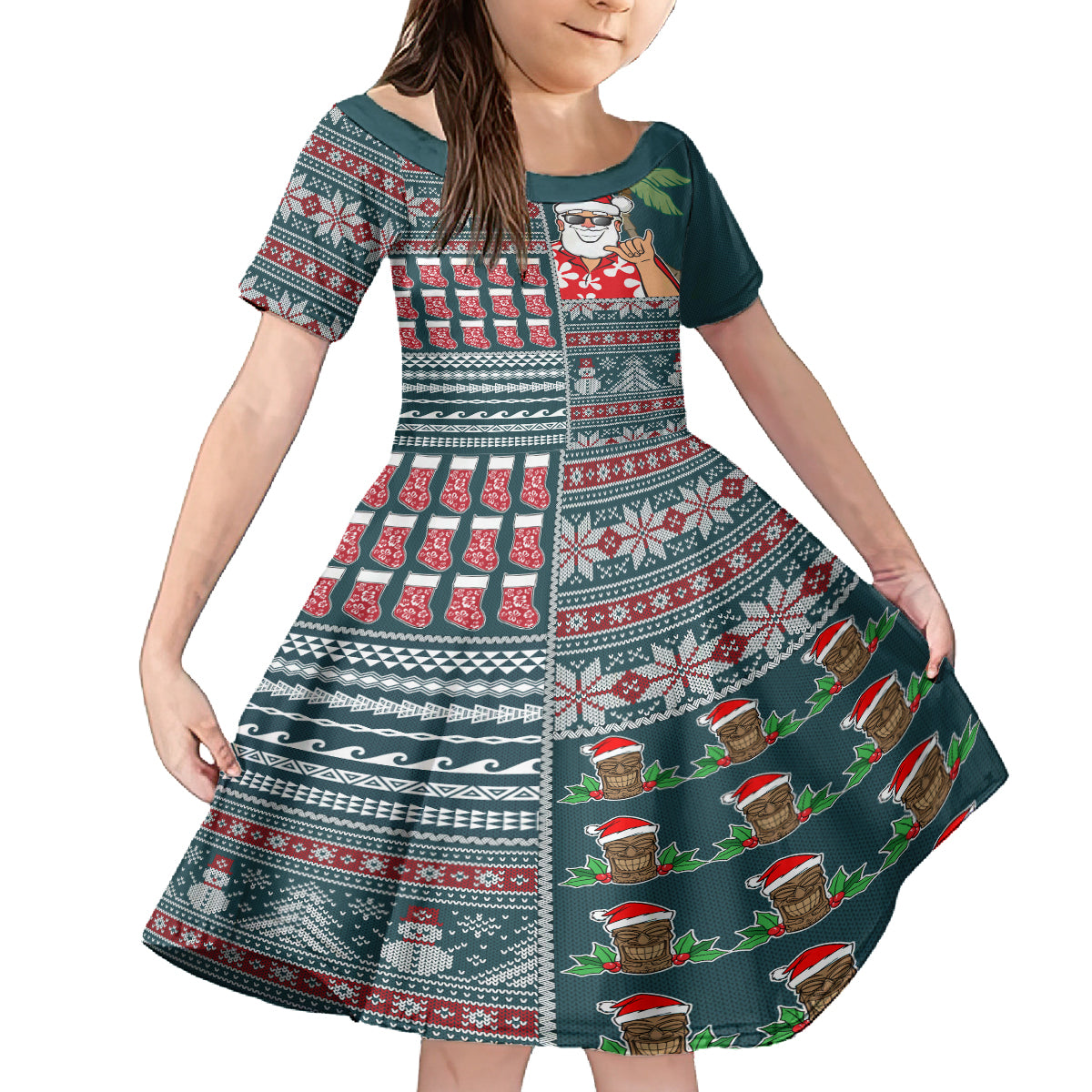 Hawaii Mele Kalikimaka Family Matching Off Shoulder Maxi Dress and Hawaiian Shirt Aloha and Christmas Elements Patchwork Turquoise Style LT03 Daughter's Dress Turquoise - Polynesian Pride