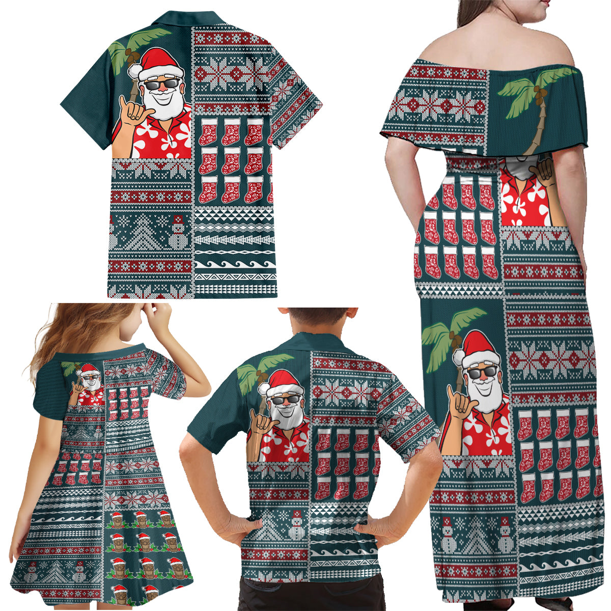 Hawaii Mele Kalikimaka Family Matching Off Shoulder Maxi Dress and Hawaiian Shirt Aloha and Christmas Elements Patchwork Turquoise Style LT03 - Polynesian Pride