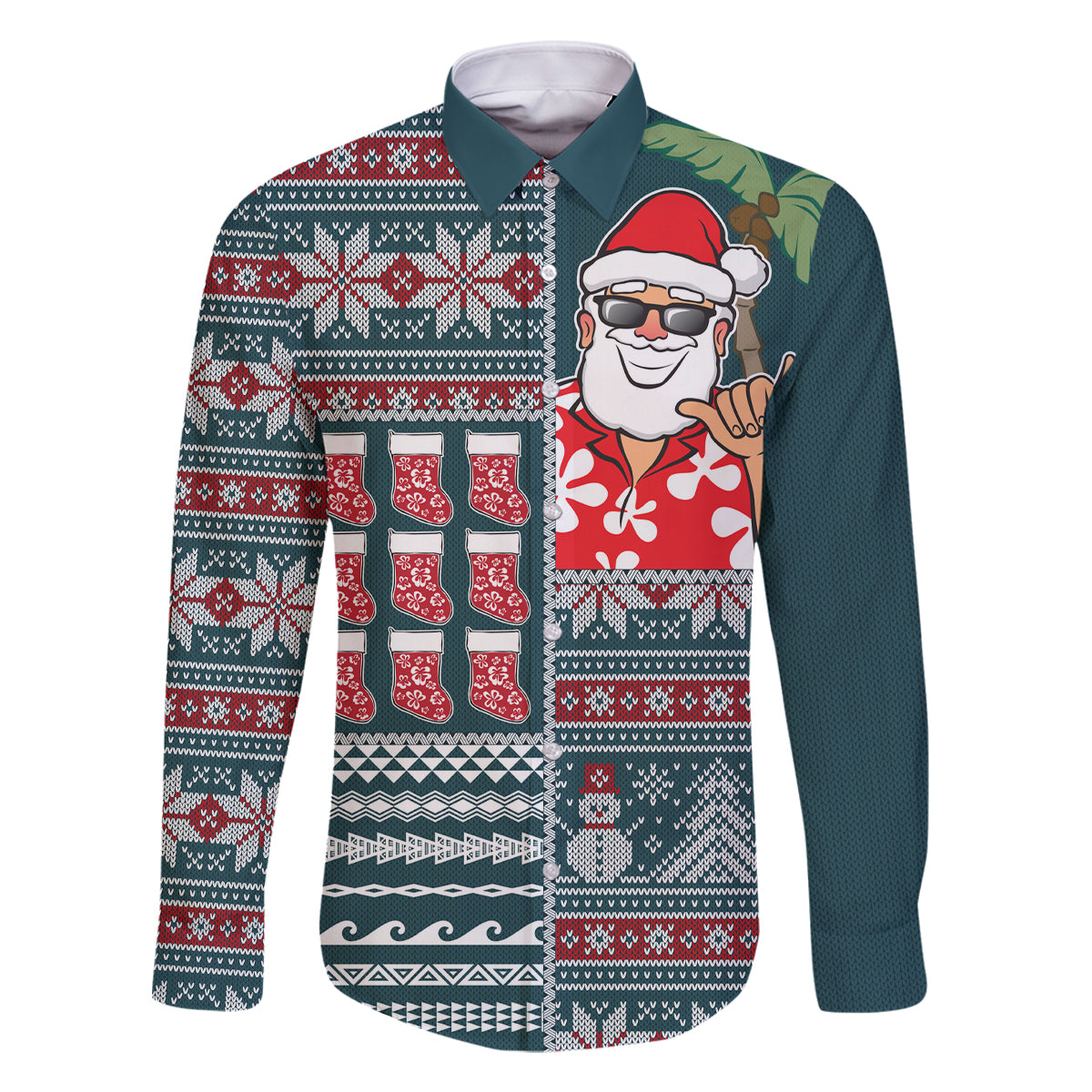 Hawaii Mele Kalikimaka Family Matching Off Shoulder Maxi Dress and Hawaiian Shirt Aloha and Christmas Elements Patchwork Turquoise Style LT03 Dad's Shirt - Long Sleeve Turquoise - Polynesian Pride