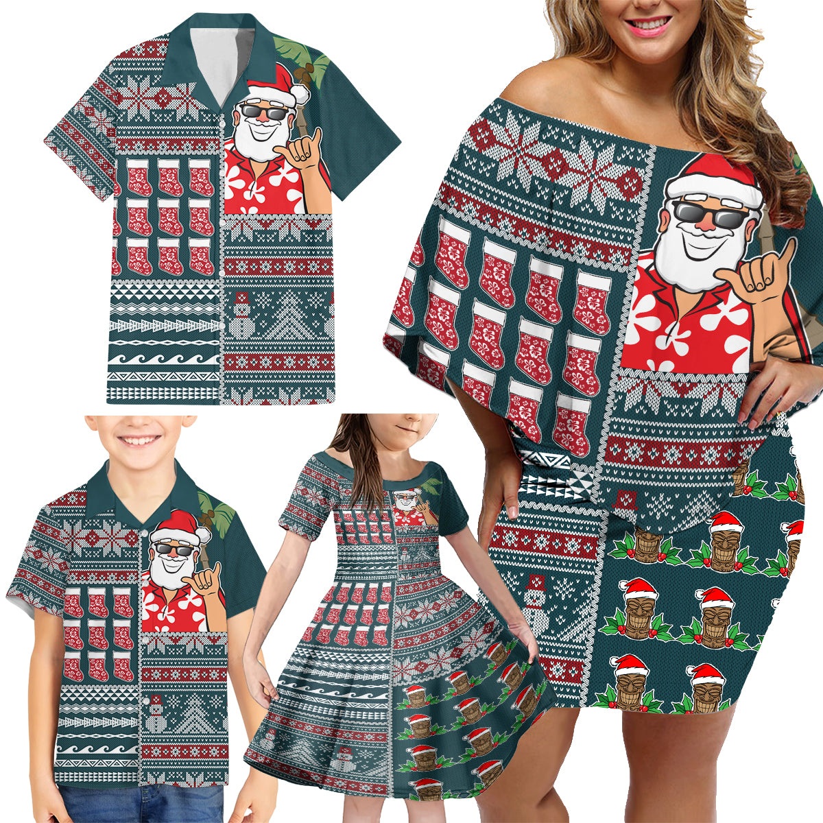 Hawaii Mele Kalikimaka Family Matching Off Shoulder Short Dress and Hawaiian Shirt Aloha and Christmas Elements Patchwork Turquoise Style LT03 - Polynesian Pride