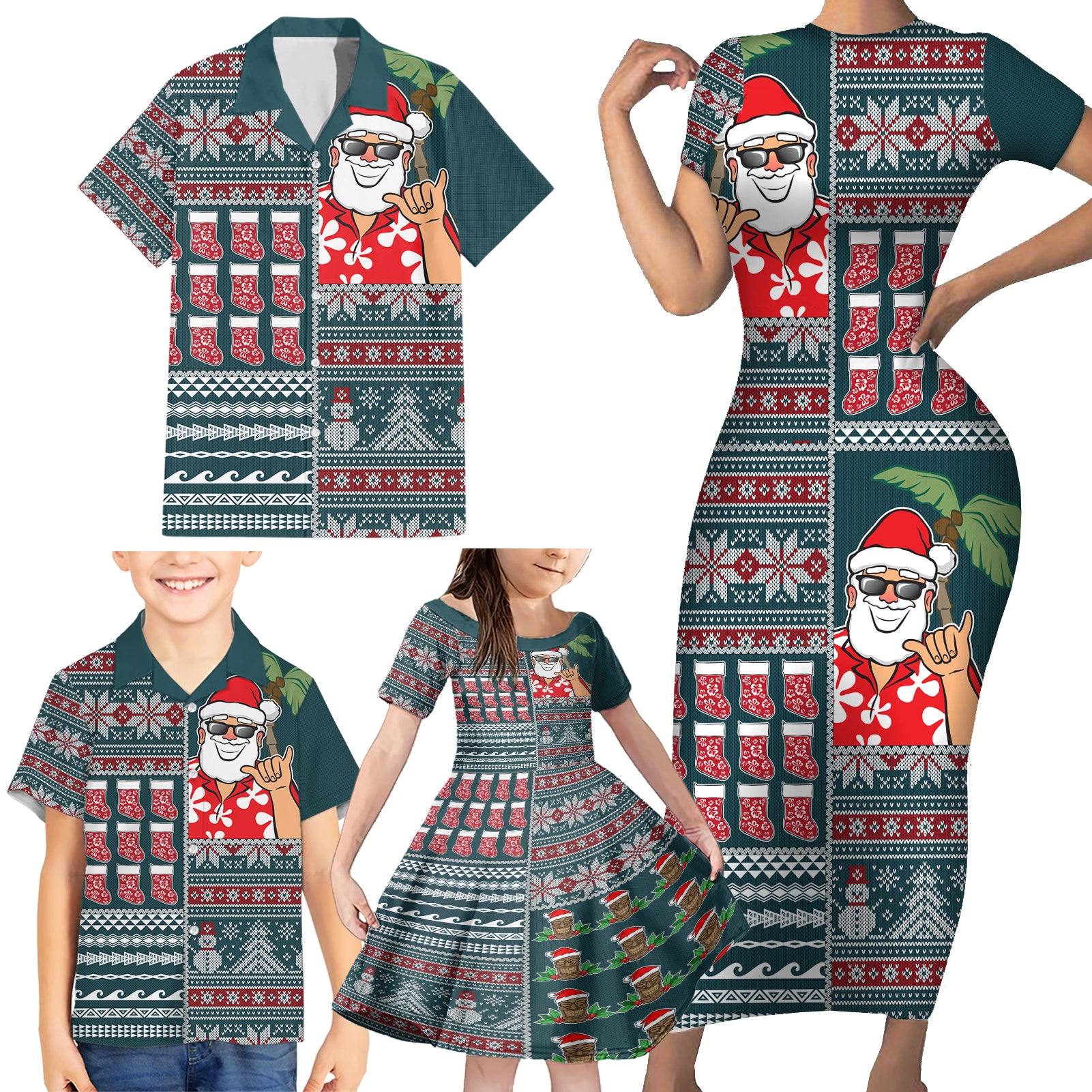 Hawaii Mele Kalikimaka Family Matching Short Sleeve Bodycon Dress and Hawaiian Shirt Aloha and Christmas Elements Patchwork Turquoise Style LT03 - Polynesian Pride