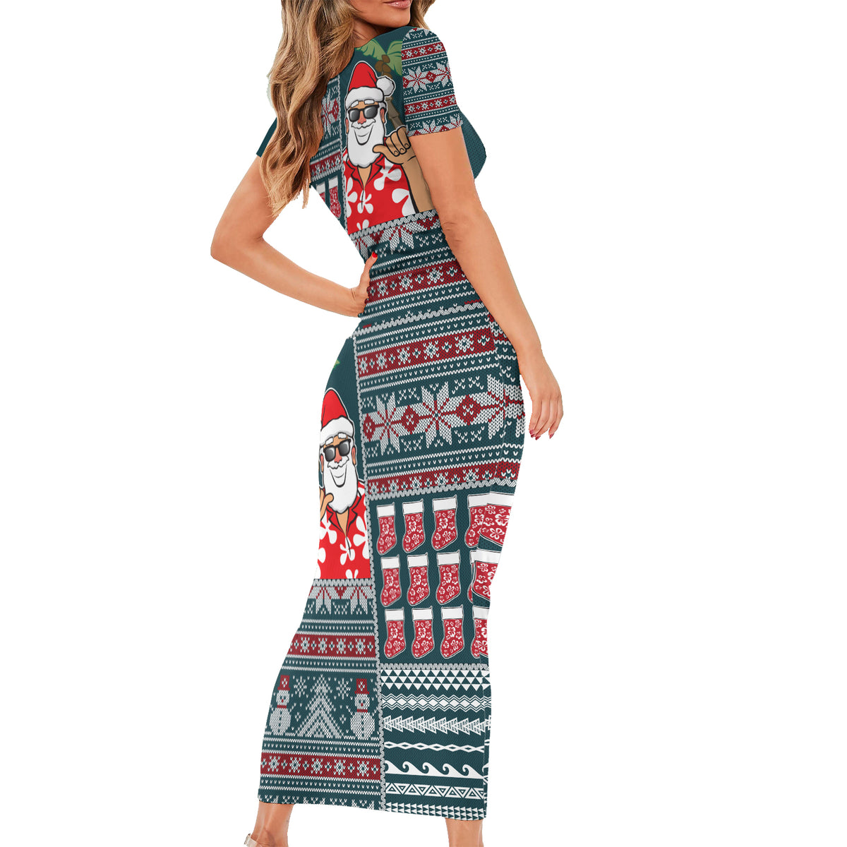 Hawaii Mele Kalikimaka Family Matching Short Sleeve Bodycon Dress and Hawaiian Shirt Aloha and Christmas Elements Patchwork Turquoise Style LT03 - Polynesian Pride