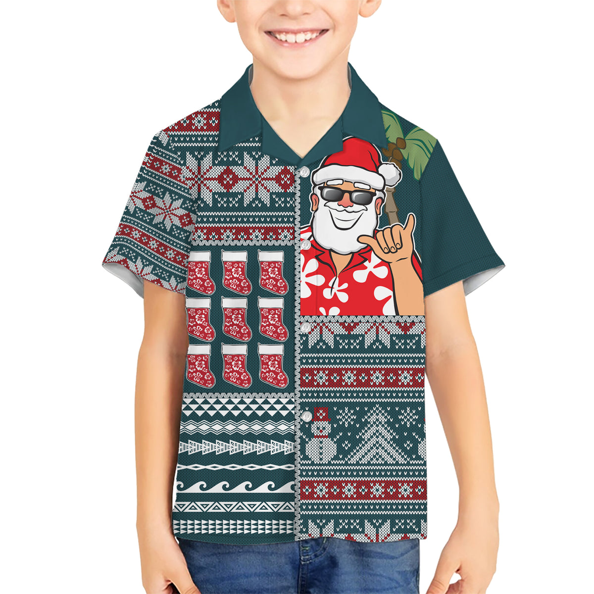 Hawaii Mele Kalikimaka Family Matching Short Sleeve Bodycon Dress and Hawaiian Shirt Aloha and Christmas Elements Patchwork Turquoise Style LT03 Son's Shirt Turquoise - Polynesian Pride