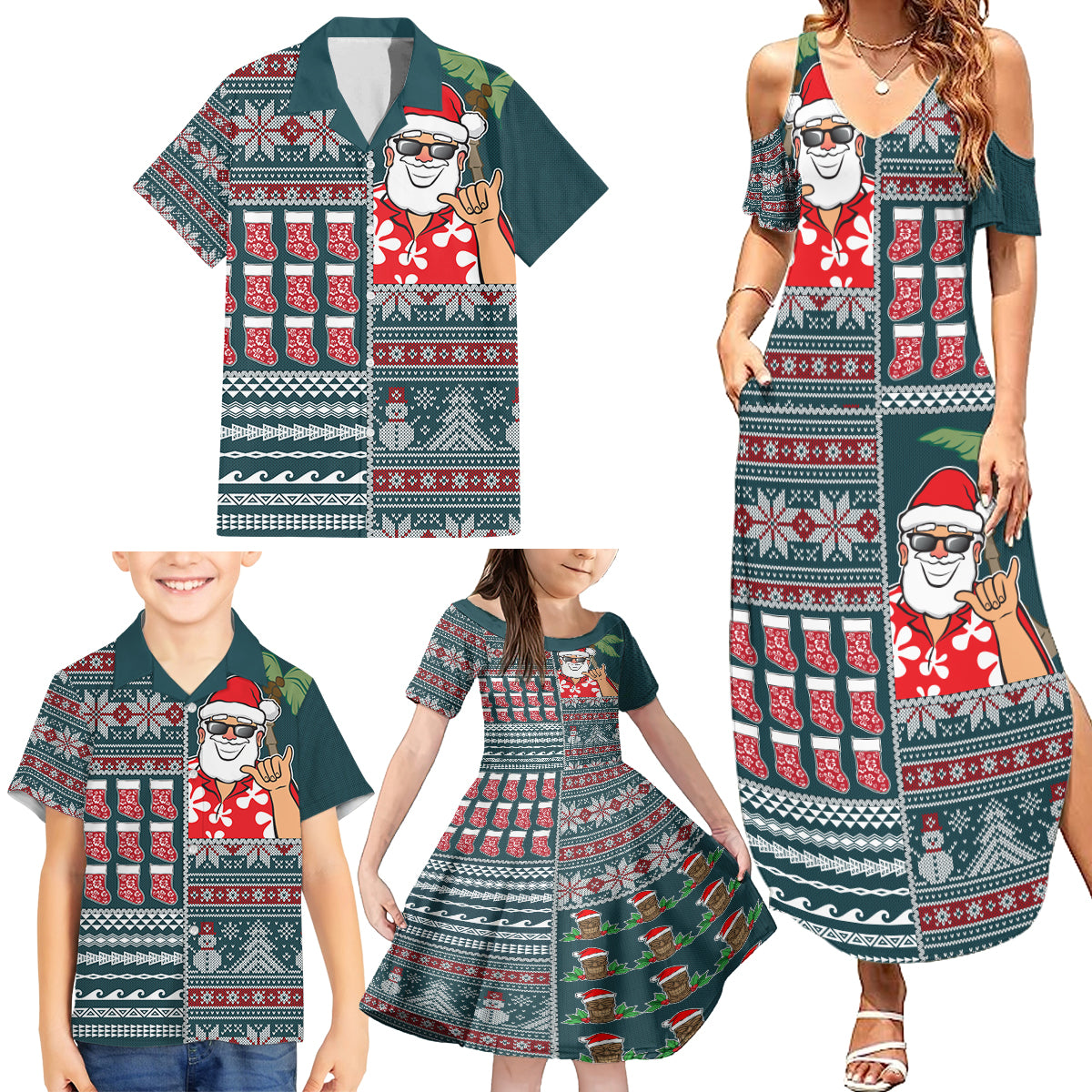 Hawaii Mele Kalikimaka Family Matching Summer Maxi Dress and Hawaiian Shirt Aloha and Christmas Elements Patchwork Turquoise Style LT03 - Polynesian Pride