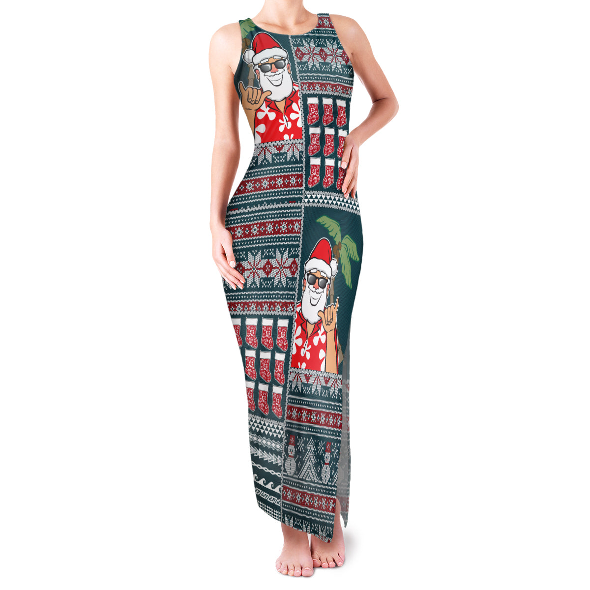 Hawaii Mele Kalikimaka Family Matching Tank Maxi Dress and Hawaiian Shirt Aloha and Christmas Elements Patchwork Turquoise Style LT03 Mom's Dress Turquoise - Polynesian Pride