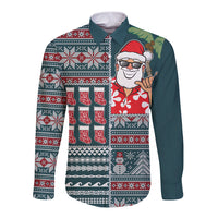 Hawaii Mele Kalikimaka Long Sleeve Button Shirt Aloha and Christmas Elements Patchwork Turquoise Style LT03 Unisex Turquoise - Polynesian Pride