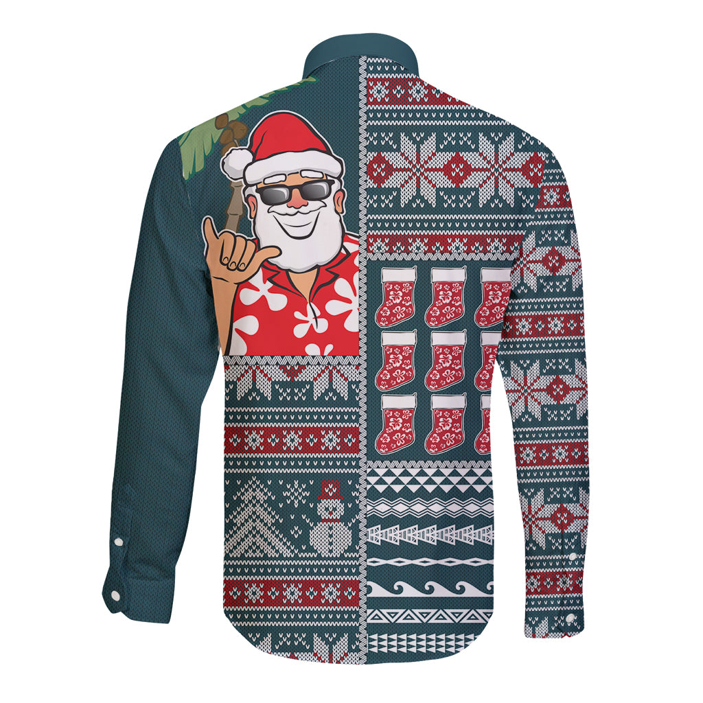 Hawaii Mele Kalikimaka Long Sleeve Button Shirt Aloha and Christmas Elements Patchwork Turquoise Style LT03 - Polynesian Pride