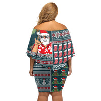 Hawaii Mele Kalikimaka Off Shoulder Short Dress Aloha and Christmas Elements Patchwork Turquoise Style LT03 - Polynesian Pride