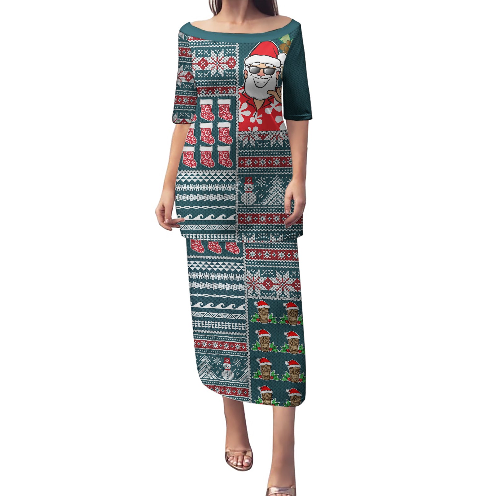 Hawaii Mele Kalikimaka Puletasi Aloha and Christmas Elements Patchwork Turquoise Style LT03 Long Dress Turquoise - Polynesian Pride