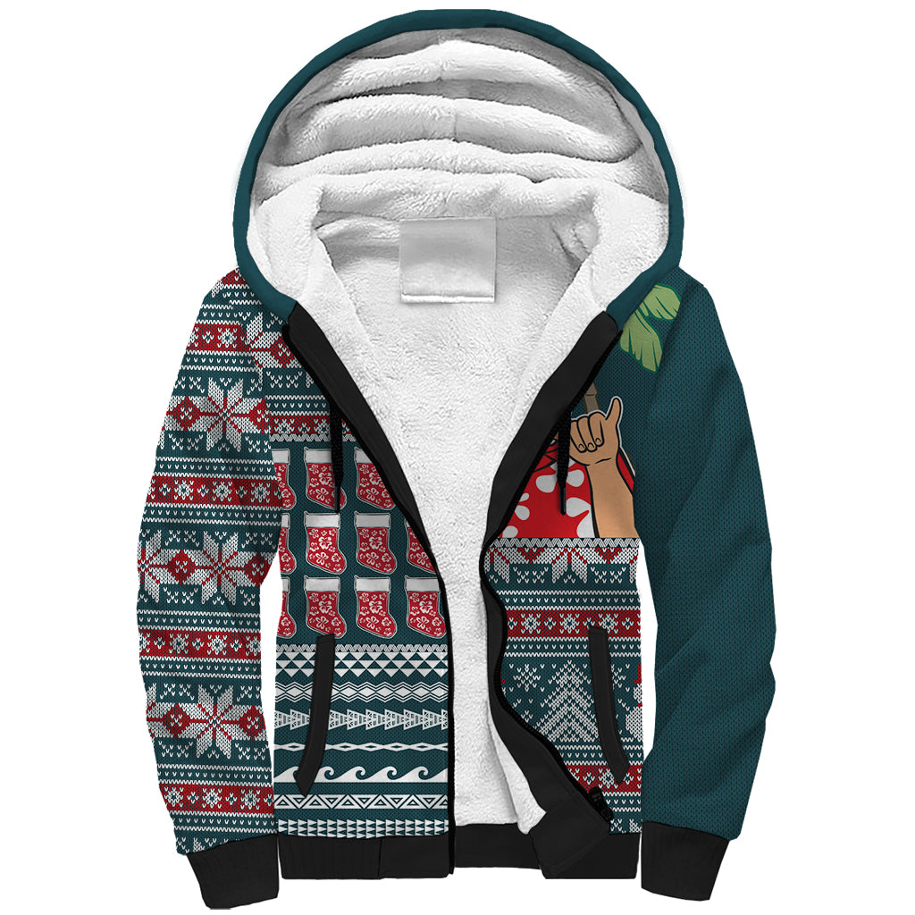Hawaii Mele Kalikimaka Sherpa Hoodie Aloha and Christmas Elements Patchwork Turquoise Style LT03 Unisex Turquoise - Polynesian Pride