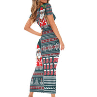 Hawaii Mele Kalikimaka Short Sleeve Bodycon Dress Aloha and Christmas Elements Patchwork Turquoise Style LT03 - Polynesian Pride
