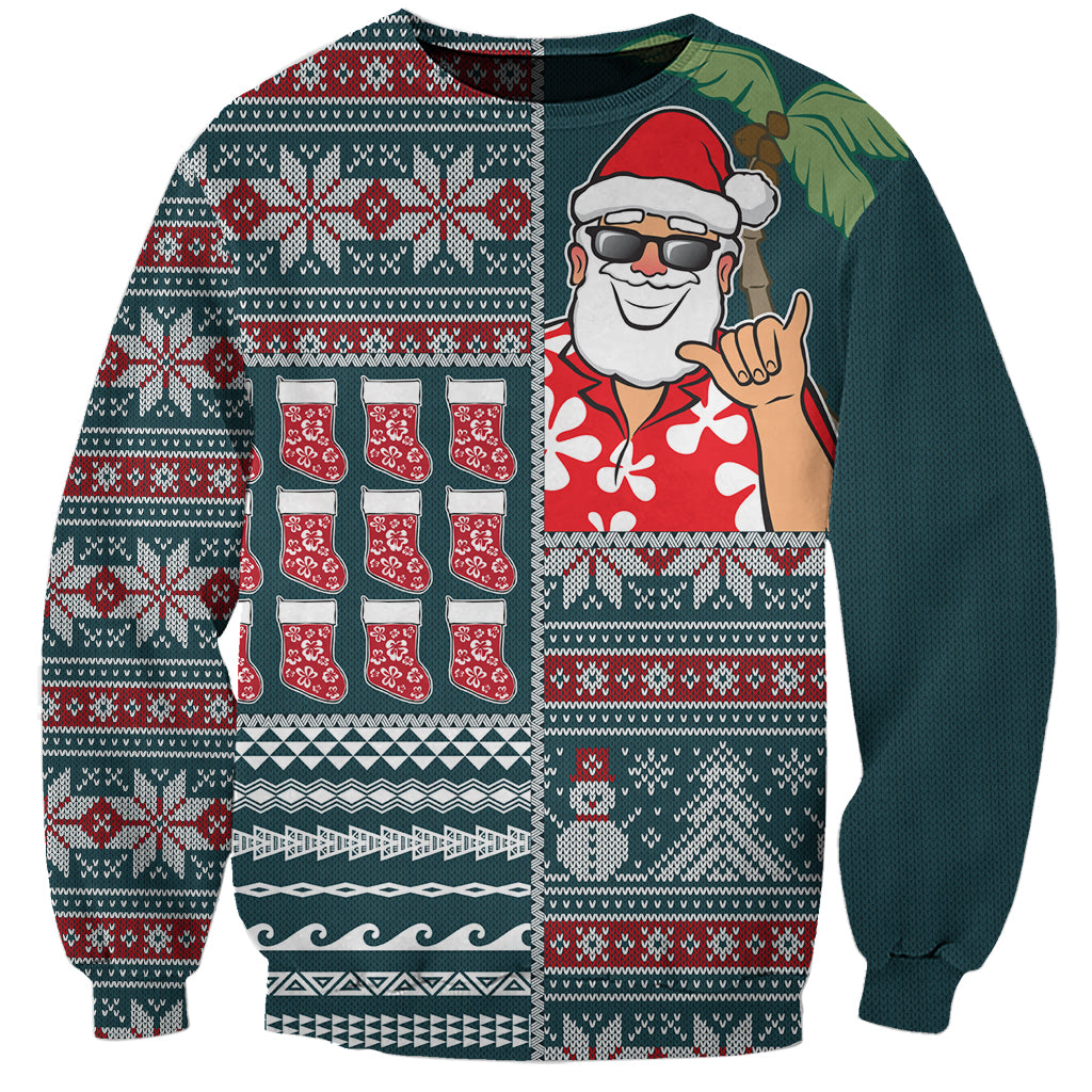 Hawaii Mele Kalikimaka Sweatshirt Aloha and Christmas Elements Patchwork Turquoise Style LT03 Unisex Turquoise - Polynesian Pride