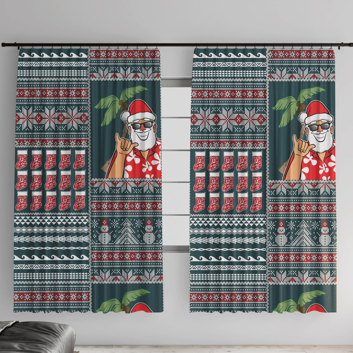 Hawaii Mele Kalikimaka Window Curtain Aloha and Christmas Elements Patchwork Turquoise Style LT03 With Hooks Turquoise - Polynesian Pride