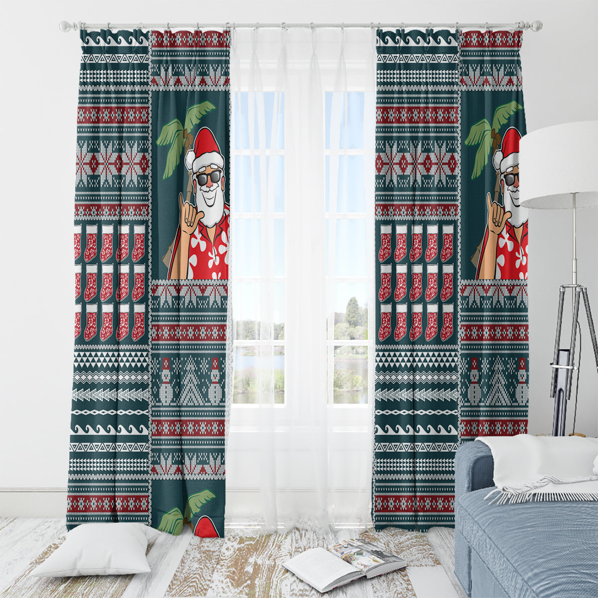Hawaii Mele Kalikimaka Window Curtain Aloha and Christmas Elements Patchwork Turquoise Style LT03 - Polynesian Pride