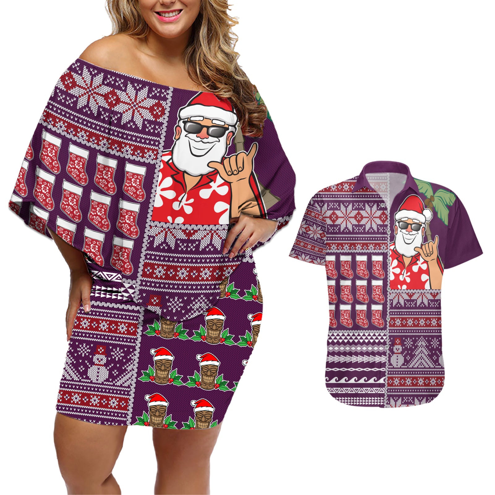 Hawaii Mele Kalikimaka Couples Matching Off Shoulder Short Dress and Hawaiian Shirt Aloha and Christmas Elements Patchwork Pink Style LT03 Pink - Polynesian Pride