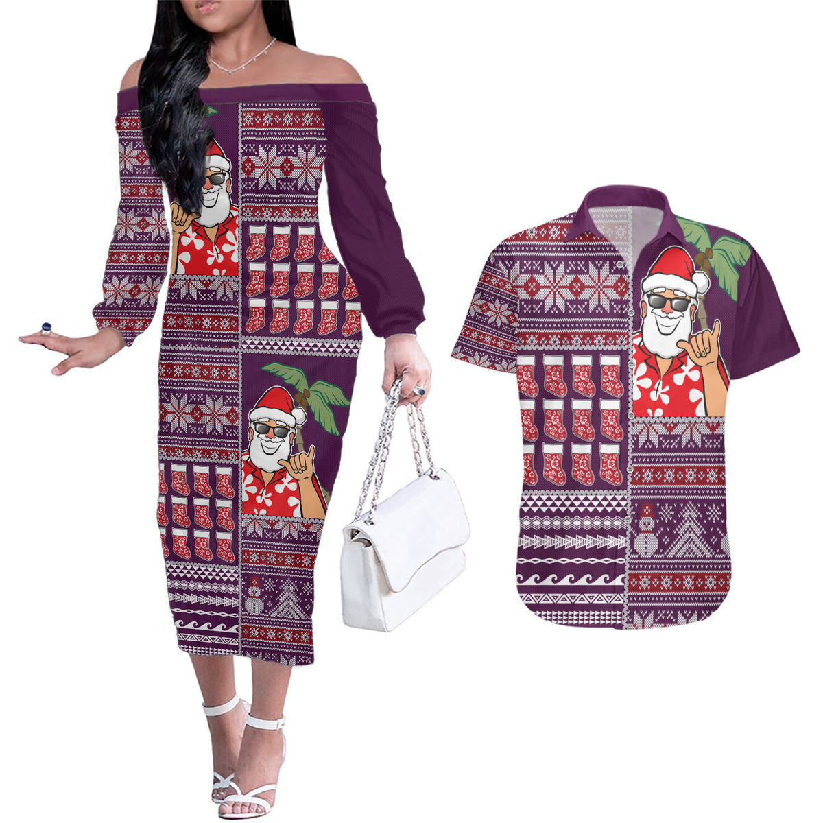 Hawaii Mele Kalikimaka Couples Matching Off The Shoulder Long Sleeve Dress and Hawaiian Shirt Aloha and Christmas Elements Patchwork Pink Style LT03 Pink - Polynesian Pride