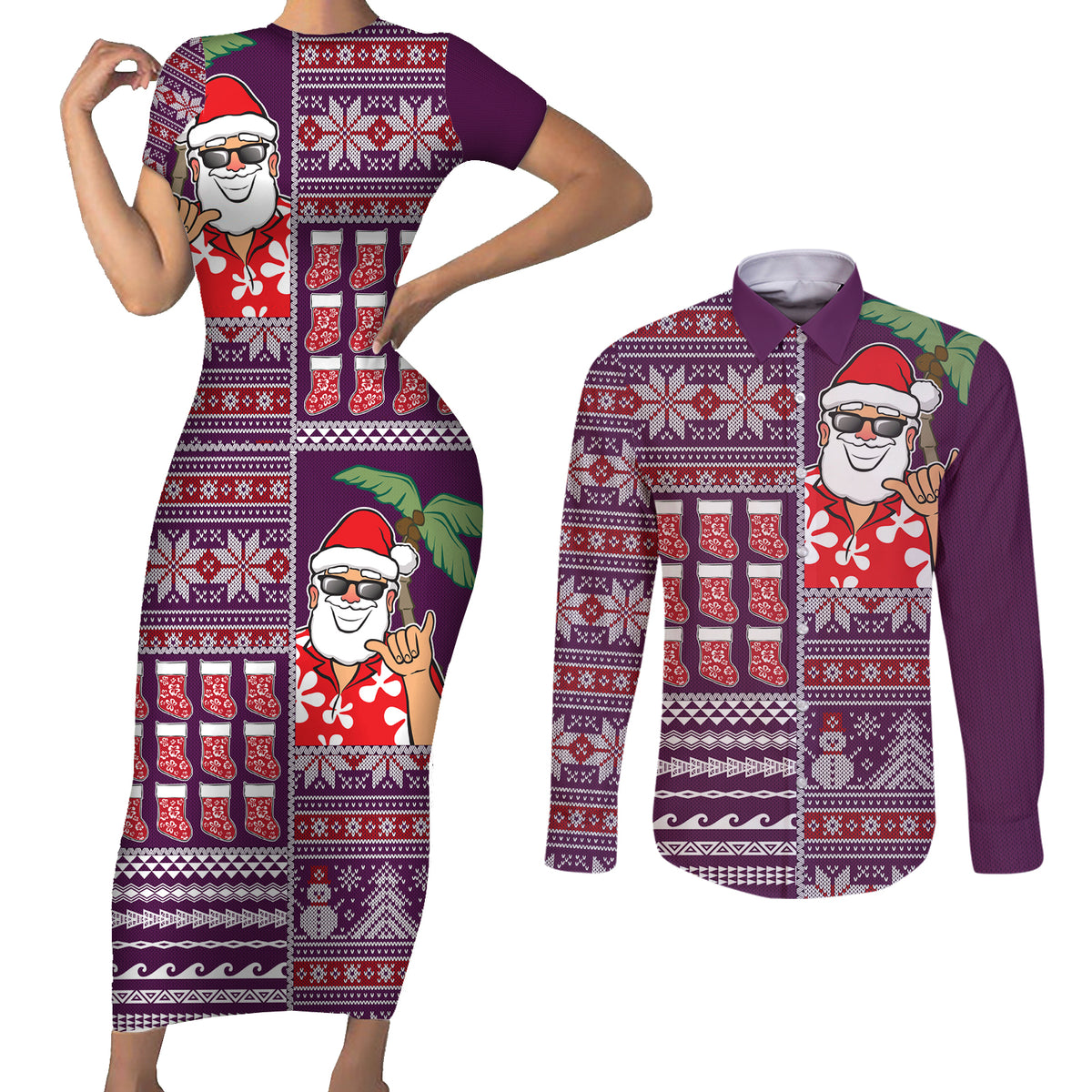 Hawaii Mele Kalikimaka Couples Matching Short Sleeve Bodycon Dress and Long Sleeve Button Shirt Aloha and Christmas Elements Patchwork Pink Style LT03 Pink - Polynesian Pride