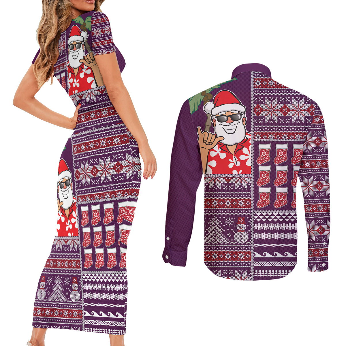 Hawaii Mele Kalikimaka Couples Matching Short Sleeve Bodycon Dress and Long Sleeve Button Shirt Aloha and Christmas Elements Patchwork Pink Style LT03 - Polynesian Pride
