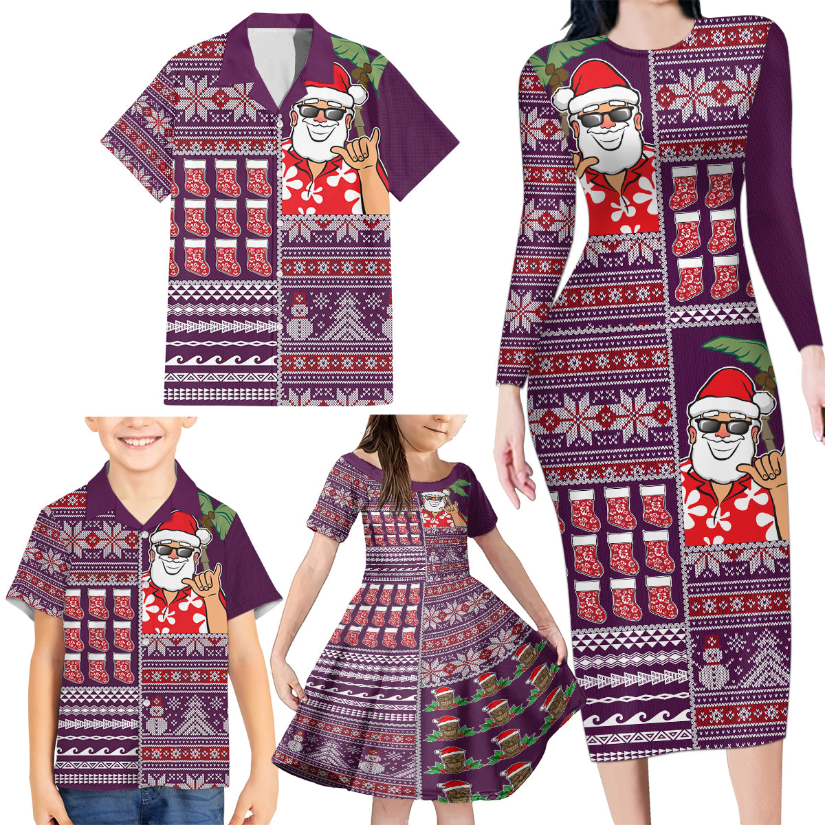 Hawaii Mele Kalikimaka Family Matching Long Sleeve Bodycon Dress and Hawaiian Shirt Aloha and Christmas Elements Patchwork Pink Style LT03 - Polynesian Pride