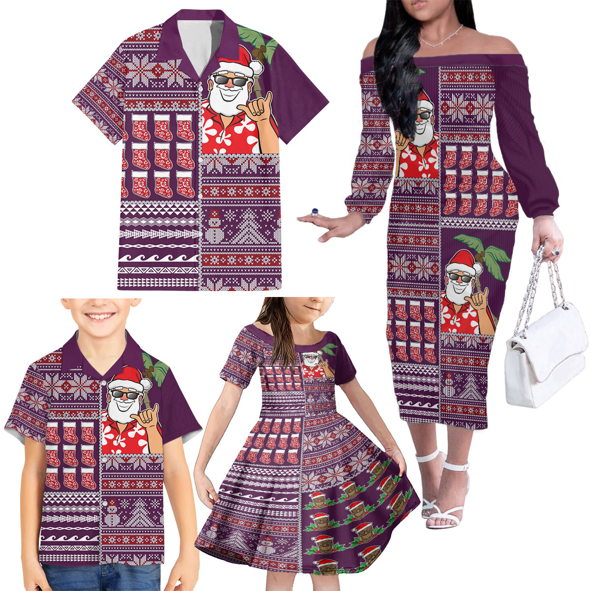 Hawaii Mele Kalikimaka Family Matching Off Shoulder Long Sleeve Dress and Hawaiian Shirt Aloha and Christmas Elements Patchwork Pink Style LT03 - Polynesian Pride