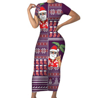Hawaii Mele Kalikimaka Short Sleeve Bodycon Dress Aloha and Christmas Elements Patchwork Pink Style LT03 Long Dress Pink - Polynesian Pride