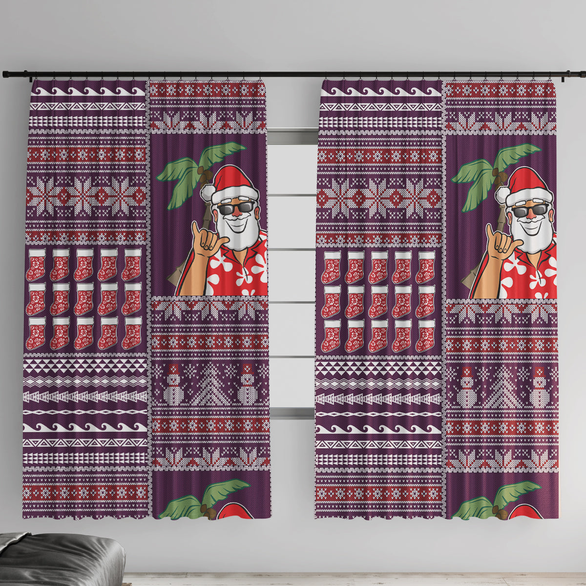 Hawaii Mele Kalikimaka Window Curtain Aloha and Christmas Elements Patchwork Pink Style LT03 With Hooks Pink - Polynesian Pride