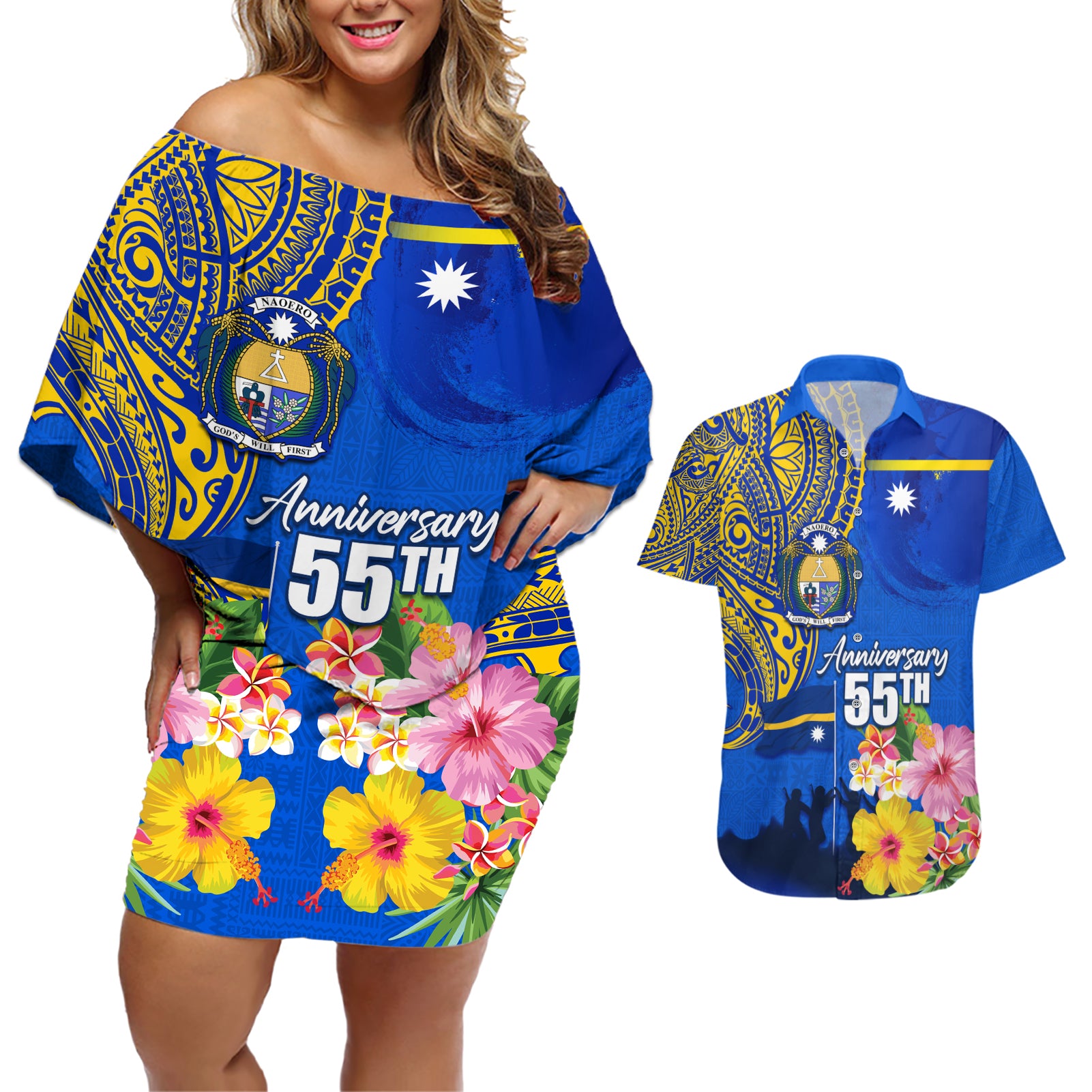 Personalised Nauru Independence Day Couples Matching Off Shoulder Short Dress and Hawaiian Shirt Nauruan Tribal Flag Style LT03 Blue - Polynesian Pride