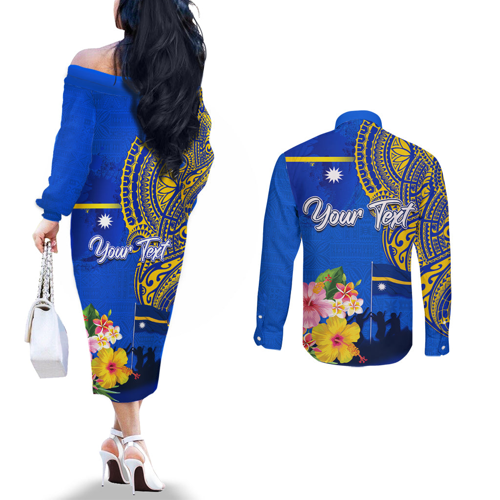 Personalised Nauru Independence Day Couples Matching Off The Shoulder Long Sleeve Dress and Long Sleeve Button Shirt Nauruan Tribal Flag Style LT03 - Polynesian Pride