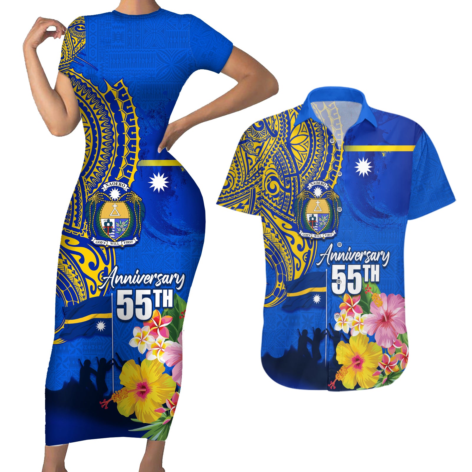 Personalised Nauru Independence Day Couples Matching Short Sleeve Bodycon Dress and Hawaiian Shirt Nauruan Tribal Flag Style LT03 Blue - Polynesian Pride