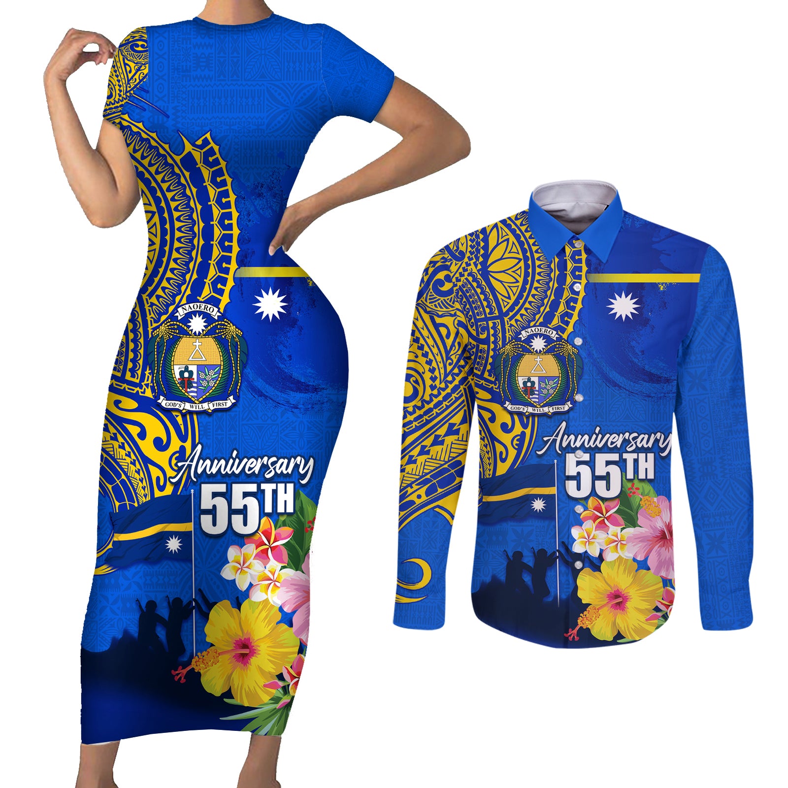 Personalised Nauru Independence Day Couples Matching Short Sleeve Bodycon Dress and Long Sleeve Button Shirt Nauruan Tribal Flag Style LT03 Blue - Polynesian Pride