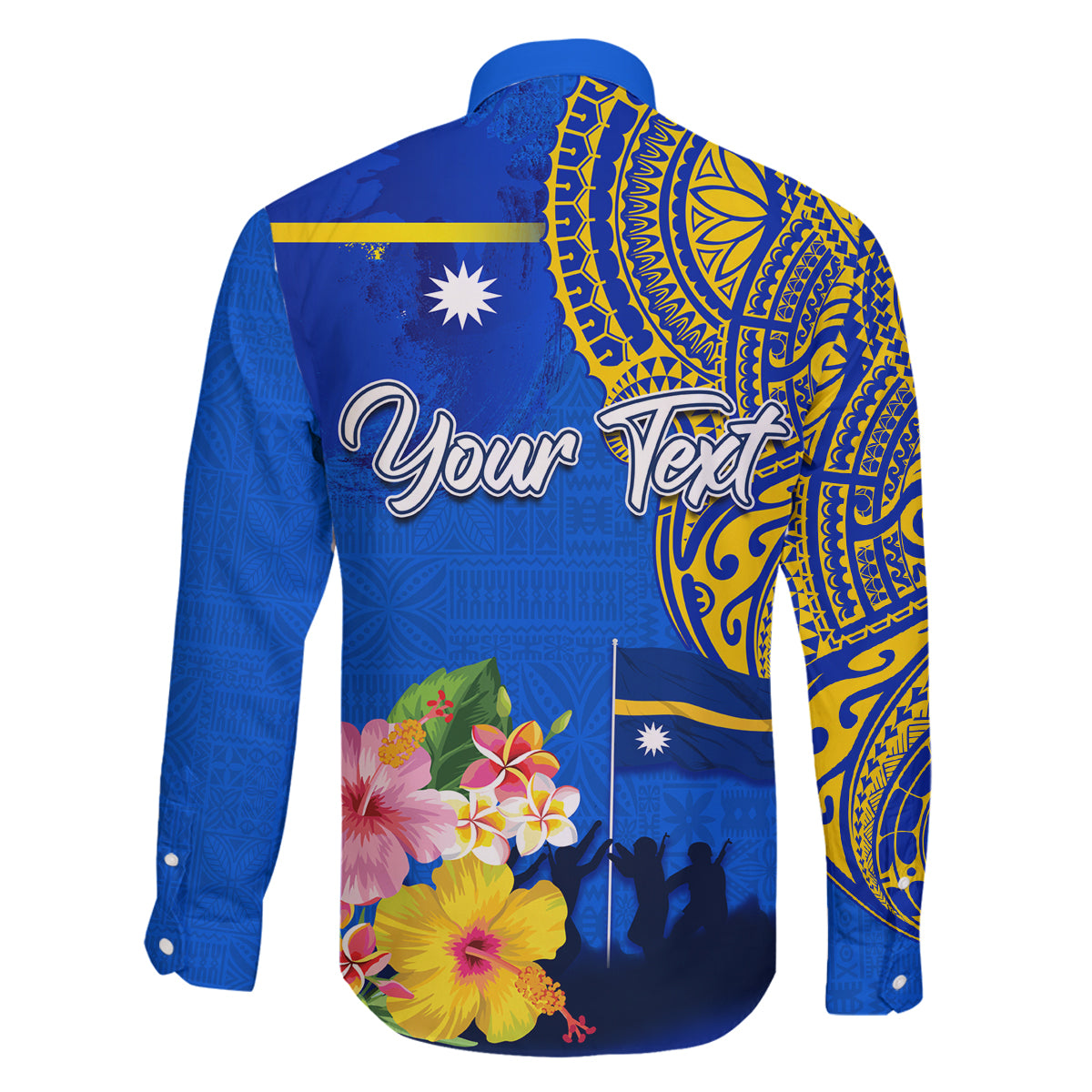 Personalised Nauru Independence Day Family Matching Long Sleeve Bodycon Dress and Hawaiian Shirt Nauruan Tribal Flag Style LT03 - Polynesian Pride