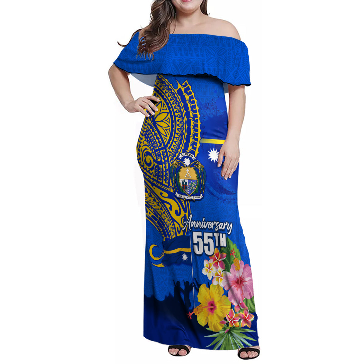 Personalised Nauru Independence Day Family Matching Off Shoulder Maxi Dress and Hawaiian Shirt Nauruan Tribal Flag Style LT03 Mom's Dress Blue - Polynesian Pride