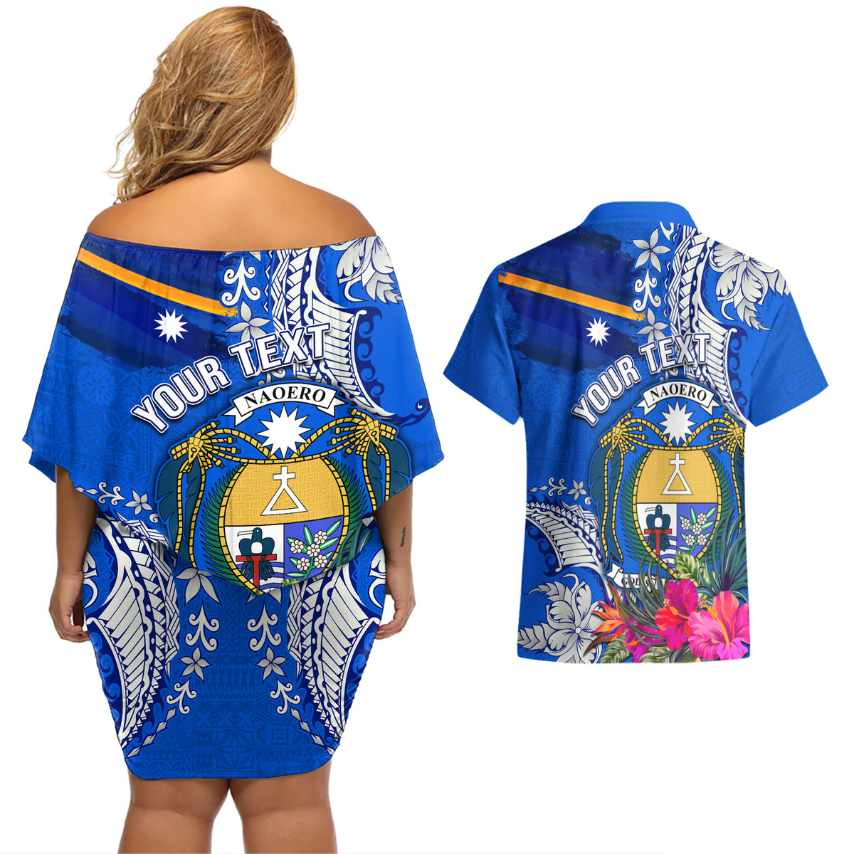 Personalised Nauru Coat of Arms Couples Matching Off Shoulder Short Dress and Hawaiian Shirt Tropical Flower Polynesian Pattern LT03 - Polynesian Pride