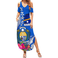 Personalised Nauru Coat of Arms Family Matching Summer Maxi Dress and Hawaiian Shirt Tropical Flower Polynesian Pattern LT03 Mom's Dress Blue - Polynesian Pride