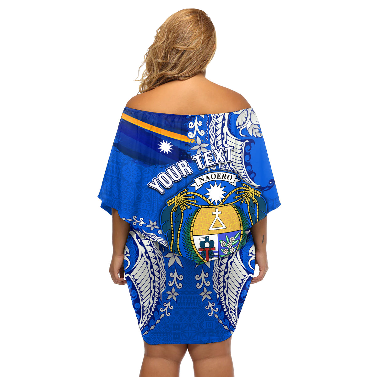 Personalised Nauru Coat of Arms Off Shoulder Short Dress Tropical Flower Polynesian Pattern LT03 - Polynesian Pride