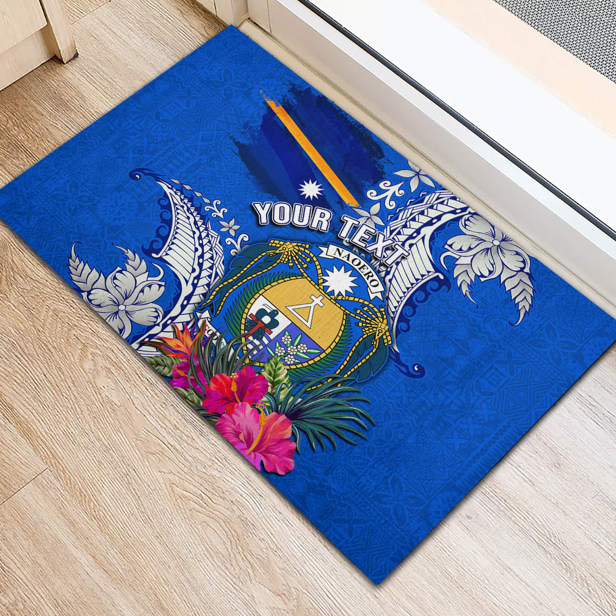 Personalised Nauru Coat of Arms Rubber Doormat Tropical Flower Polynesian Pattern LT03 - Polynesian Pride