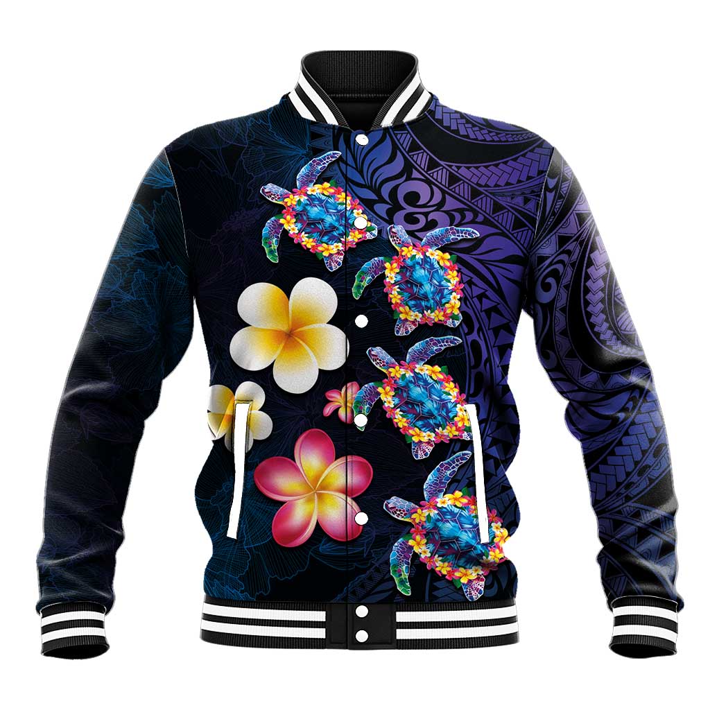 Hawaiian Turtles and Plumeria Baseball Jacket Polynesian Art Tribal Tattoo Dark Aqua Color LT03 Unisex Blue - Polynesian Pride