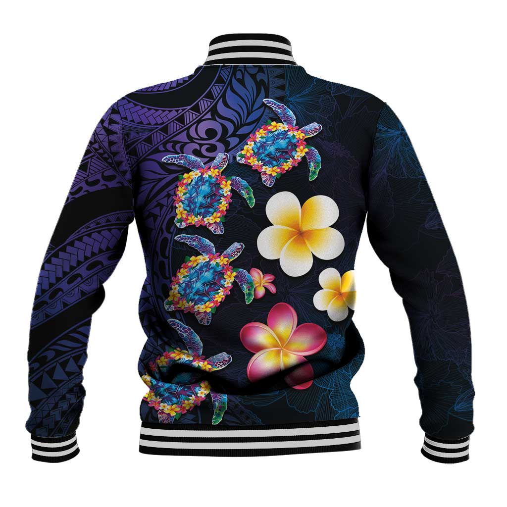 Hawaiian Turtles and Plumeria Baseball Jacket Polynesian Art Tribal Tattoo Dark Aqua Color LT03 - Polynesian Pride