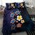 Hawaiian Turtles and Plumeria Bedding Set Polynesian Art Tribal Tattoo Dark Aqua Color